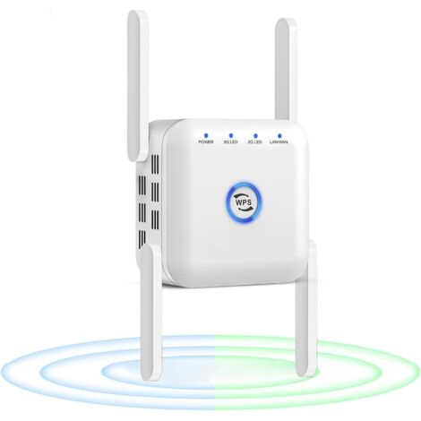 Amplificador de señal WiFi, repetidor WiFi 5G, amplificador WiFi 2.4G, enrutador amplificador de señal WiFi, amplificador de Internet WiFi de largo alcance de 1200 Mbps, blanco (1/5)