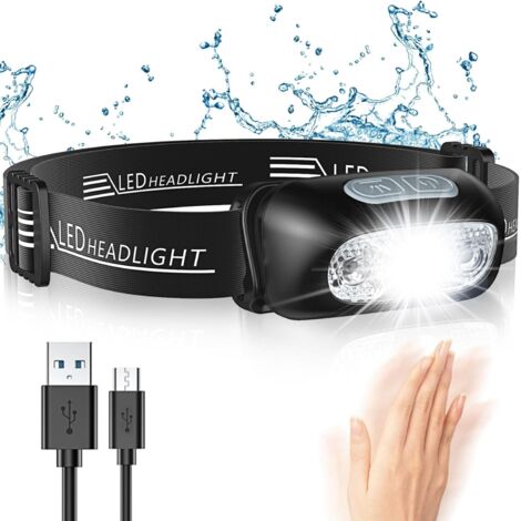 Potente linterna frontal LED con sensor de movimiento, resistente al agua IPX6, 4 modos de iluminación, recargable por USB, accesorio de linterna frontal profesional para pesca, camping, correr, cicli (1/5)