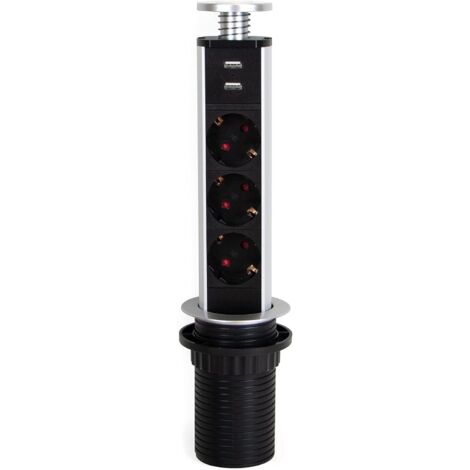 Regletas Enchufe encastrable, Regleta multienchufe retráctil con 3 enchufes schuko EU y 2 Puertos USB, Torre de enchufes Vertical empotrable para encimera de Cocina o Escritorio