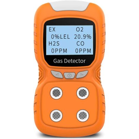Detector de gas portátil de 4 gases, pantalla LCD retroiluminada, batería recargable, sonido, luz, vibración, alarma, 2 años de garantía.