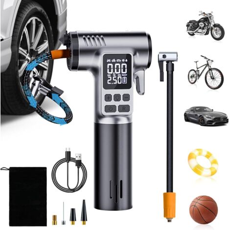 Compresor Aire Portatil, Potente Inflador Ruedas Coche, 150PSI Hinchador Ruedas Coche, Inflador Ruedas Coche con Martillo de Seguridad, Pantalla LCD Digital, para Coches, Motos, Bicicletas