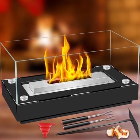 Chimenea de bioetanol de sobremesa, para uso interior y exterior, decorativa con cristal de 4 lados, ideal como regalo para amigos y familiares - Color negro