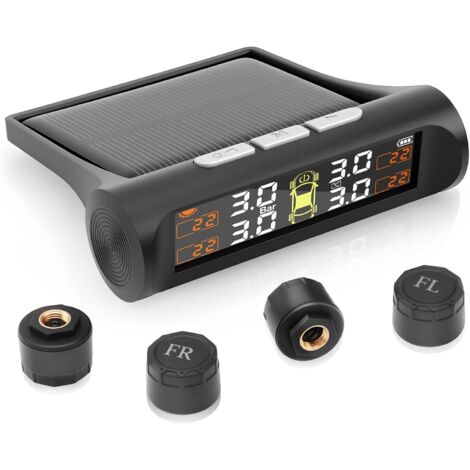 Sistema de monitoreo de presión de neumáticos TPMS, carga solar/USB, alertas de temperatura, encendido/apagado automático - Compatible con autocaravanas/sedán/SUV/monovolumen/remolque (4 sensores exte (1/5)