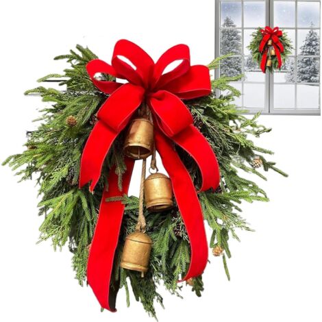 Corona navideña para puerta con gran lazo rojo y piñas, corona decorativa de pino con cencerros, adornos y cinta para decoración navideña de interiores y exteriores: pared, mesa y ventana. (1/5)