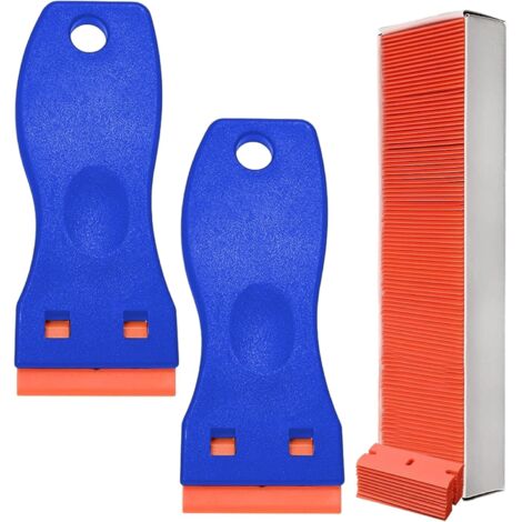 Juego de 2 raspadores de plástico con 100 cuchillas de plástico, raspador multifuncional para limpieza de vidrio, juego de herramientas para eliminar rayones, pegamento, pintura, etiquetas y calcomaní