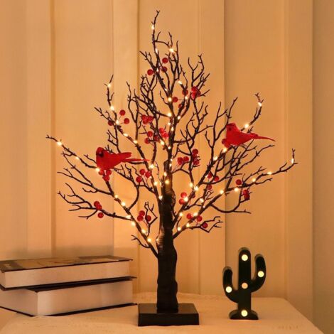 Árbol portátil iluminado con figura de pájaro rojo para decoración durante todo el año con temática de Halloween, materiales resistentes e irrompibles, árbol con pájaros rojos (1/4)