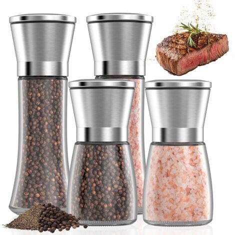 Juego de 4 molinillos de pimienta, núcleo de molienda de cerámica, salero y pimentero, molinillo de sal de vidrio y acero inoxidable, molinillo de pimienta manual ajustable para el hogar y la cocina ( (1/5)