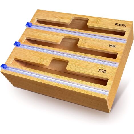 Dispensador de papel film, dispensador de papel de aluminio 100% bambú – Organizador dispensador de papel de aluminio para cajón de cocina (3 en 1)