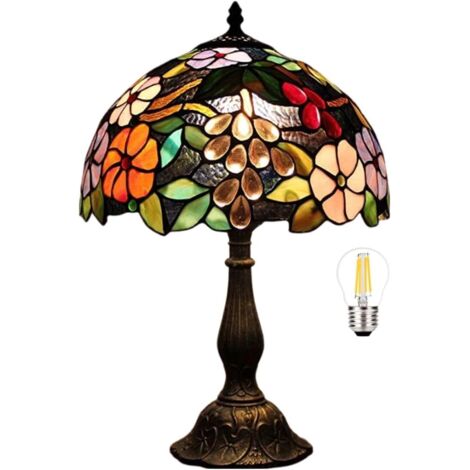 Lámpara Tiffany de 30,5 cm, lámpara de mesa con decoración de rosas, con enchufe e interruptor europeos, pantalla de cristal tintado, ideal para mesita de noche o escritorio