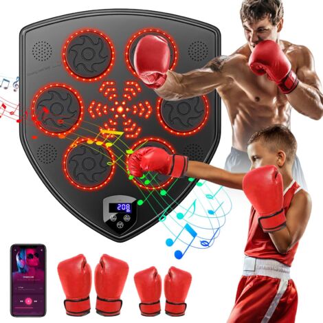 Máquina de boxeo musical con luces LED, incluye 2 guantes, pantalla digital inteligente con 9 velocidades ajustables, contador automático, 10 modos de entrenamiento y conexión Bluetooth.