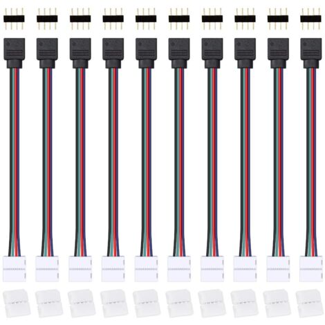 Conector de cable macho a hembra para LED RGB, cable adaptador de tira de 4 pines de 10 mm de ancho a controlador, conectores de tira de luces LED de 4 pines (paquete de 10) (1/5)