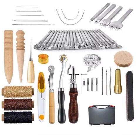 Kit de herramientas para trabajar el cuero de 59 piezas, kit de reparación de costura a mano, punzón de coser, herramienta de tallado, herramienta de ranurado, juego de herramientas de bricolaje para