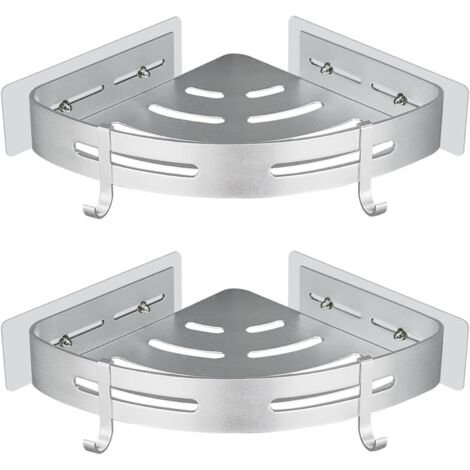 Estante de ducha esquinero, sin necesidad de taladrar, cesta de ducha de pared con almohadilla adhesiva, aluminio plateado, 2 unidades, soporte para gel/champú, estante esquinero, estante de esquina p