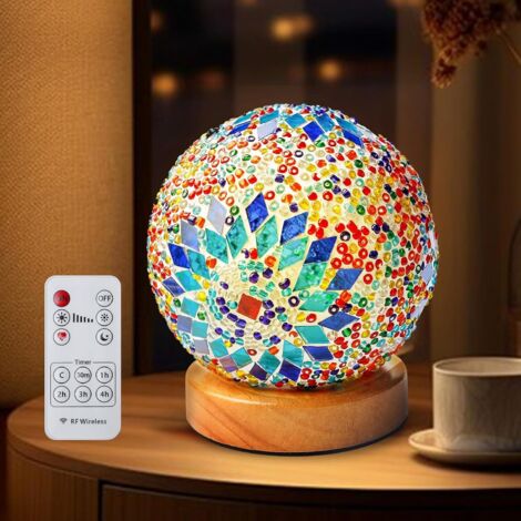 Lámpara de mosaico, lámpara de mesa USB, lámpara marroquí con base de madera, lámparas de noche de estilo bohemio, lámpara de mosaico para dormitorio y sala de estar.