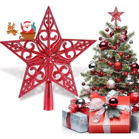 Estrella decorativa de plástico hueca clásica y ligera para árbol de Navidad, estilo vintage, para la punta del árbol, 20 cm, color rojo (1/5)