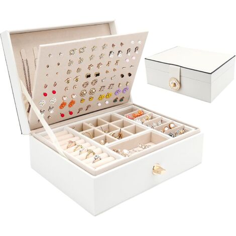 Joyero para mujer, joyero de dos capas, con bandeja extraíble para anillos, pendientes, collares y pulseras (blanco)