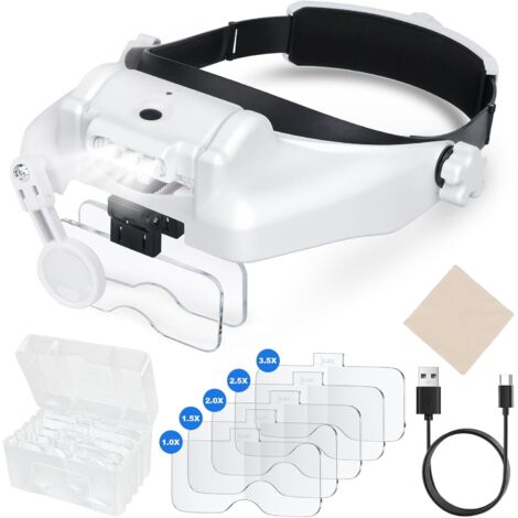 Lupas de diadema con luz LED y 5 lentes desmontables (1.0X, 1.5X, 2.0X, 2.5X y 3.5X) para trabajos de precisión, lectura y reparación de relojes.