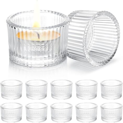 Set van 12 transparante glazen theelichthouders, 4,5 x 3,5 cm, glazen kaarsenhouders in retro design, mini theelichthouders voor bruiloften, feesten en tafeldecoratie. (1/5)