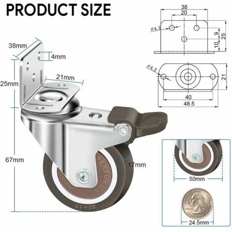 Produktbild von MroMax 2 Stück 100 Mm Lenkrollen Mit Bremse – PU-Räder, M12 Gewinde, Tragkraft 130 Kg, Für Möbel, Trolleys Und Werkbänke