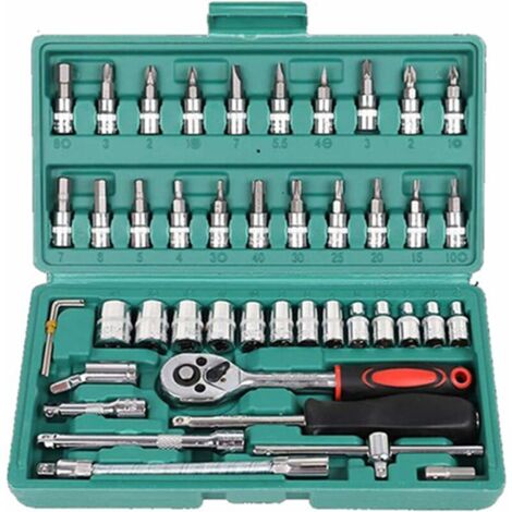 Set di 46 bussole da 6,35 mm con chiave a cricchetto reversibile per riparazioni automobilistiche e utensili domestici, metriche (verde) (1/5)