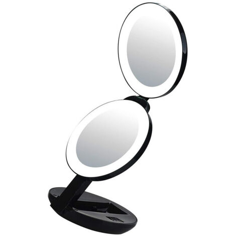 Specchio da trucco portatile pieghevole a tre pannelli, specchio di bellezza bifacciale, piccolo specchio LED con luce di riempimento (nero, diametro 11,43 x 2,9 cm) (1/4)