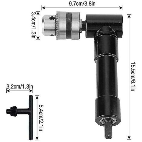 Portabrocas angular, portabrocas de liberación rápida de 90°, eje para taladro eléctrico de 1-10 mm, extensión para taladro, para trabajar en ángulos reducidos. (1/5)