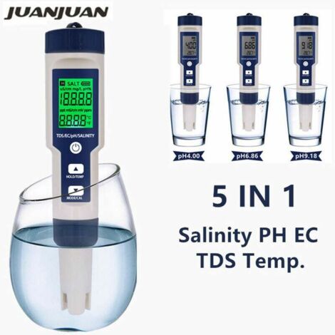 Medidor digital de temperatura 5 en 1: pH, TDS, CE, salinidad, conductividad, filtro de agua, pureza, lápiz iluminado (1/5)