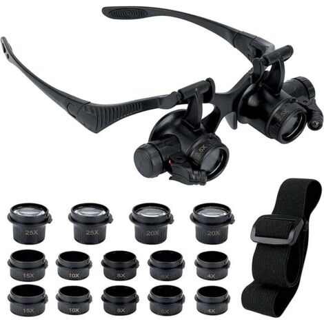 Lupa con 2 luces LED, 8 lentes intercambiables, soporte para la cabeza, lupa manos libres para reparaciones, lectura, joyería, relojes (2.5x 4x 6x 8x 10x 15x 20x 25x)