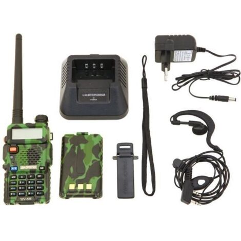 Radio UV-5R de doble banda VHF/UHF-FM con pantalla, función de espera y reloj incorporado (incluye auriculares, patrón de camuflaje).
