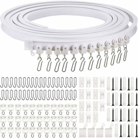 Riel curvo para cortinas de techo, soporte flexible para cortinas de techo, barra de cortina curva flexible para ventanas con ganchos metálicos para cortinas (Blanco, 5 m)