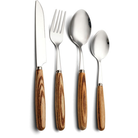 4-teiliges Besteckset aus Holz mit natürlichem Holzgriff, Besteckset aus Edelstahl 304