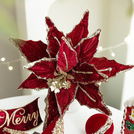 Lot De 6 Fleurs De Noël Artificielles à Paillettes Bleues - 13 Cm - Pour Décorer Sapin, Couronne Ou Guirlande - 5