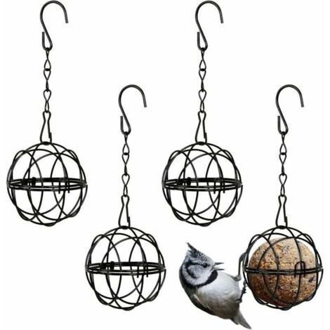 4 mangeoires suspendues en métal pour oiseaux, supports pour boules de nourriture, universelles pour intérieur/extérieur, noires, diamètre 7 cm, distributeur de nourriture avec 4 crochets en S (1/4)