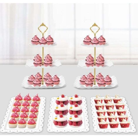 Set di alzatine per dessert da 5 pezzi: 2 porta cupcake, 3 vassoi da portata per snack, compleanni, baby shower (quadrato ondulato) (1/4)