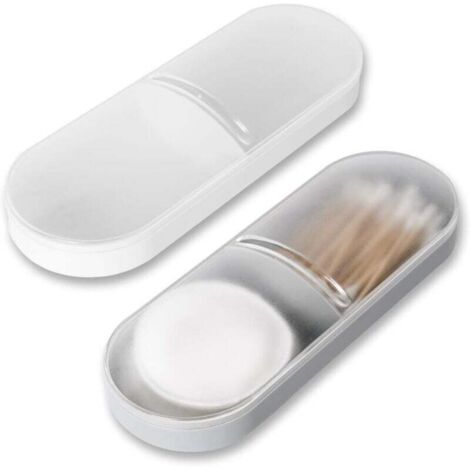 Boîte légère en plastique pour cotons-tiges (lot de 2), boîte de rangement portable à double compartiment, design transparent, convient à la maison et aux voyages, blanc et gris. (1/4)