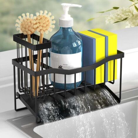 Porte-éponge pour évier de cuisine avec porte-brosse et bac d'égouttage, distributeur de savon en acier inoxydable (1/4)
