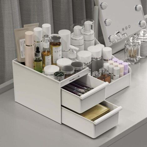 Boîte de rangement cosmétique à double tiroir, grande boîte de rangement pour coiffeuse et salle de bain, boîte de rangement pour produits de soin (blanche) (1/4)