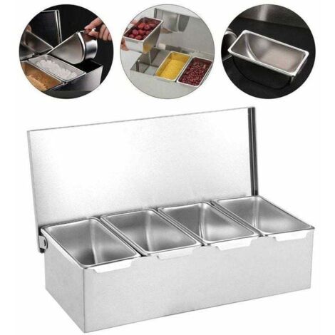 Boîte de rangement alimentaire à quatre compartiments, en acier inoxydable, idéale pour conserver les accompagnements, les fruits et les épices, couleur argent. (1/4)