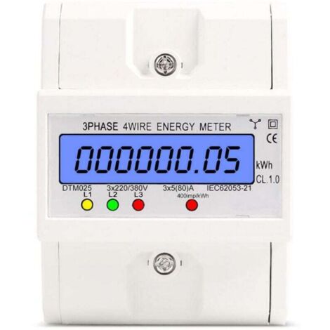 Compteur Énergie Triphasé 4 Fils 220 380V 5 80A kWh Numérique LCD Rail DIN Rétroéclairé Blanc (1/4)