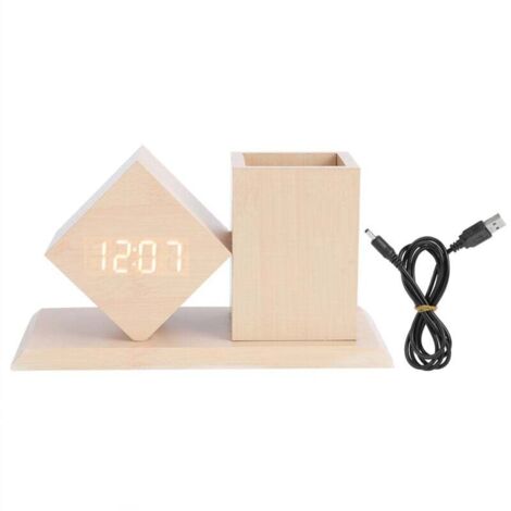 Réveil Numérique en Bois à Commande Vocale LED Horloge Bureau avec Porte Stylo