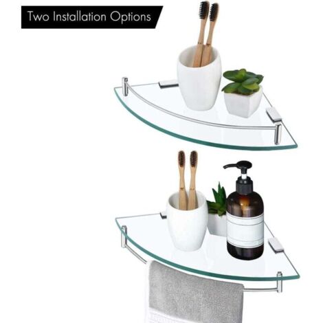 Étagère d'Angle Salle de Bain Verre Trempé avec Porte Serviette 2 Pièces Acier Inoxydable (1/4)