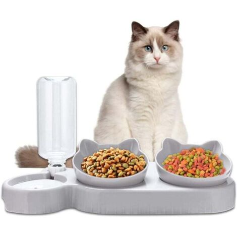 Gamelle Double Surélevée Automatique pour Chats et Chiens Distributeur Nourriture Eau Inclinable 15° Anti Vomissement Gris
