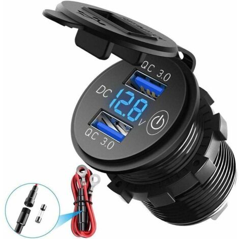 Motorrad-Ladegerät mit zwei USB- und QC3.0-Anschlüssen – wasserdicht – 12 V/24 V/36 W – mit digitalem LED-Voltmeter und Schalter – geeignet für Pkw, SUVs und Busse (Blau) (1/4)