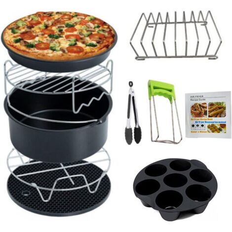 Zubehörset für Heißluftfritteusen, 10-teilig, 7 Zoll, geeignet für 5,2 bis 5,8 QT Heißluftfritteusen, mit Antihaftbeschichtung, maschinenwaschbar (19,8 cm, Schwarz) (1/4)