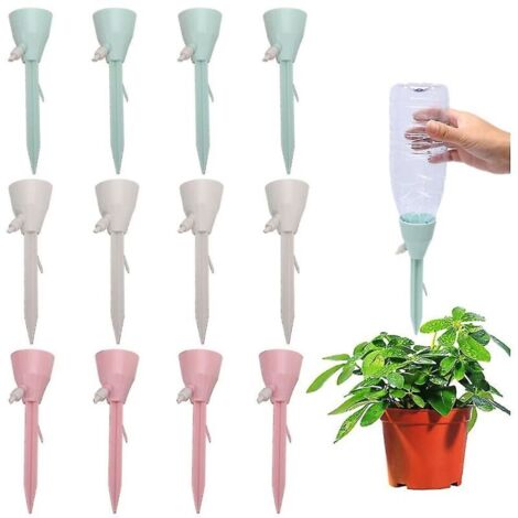 Packung mit 12 Pflanzenbewässerungsgeräten, automatische Bewässerungsspitzen mit Ventilschalter (4 rosa + 4 grün + 4 beige) (1/4)