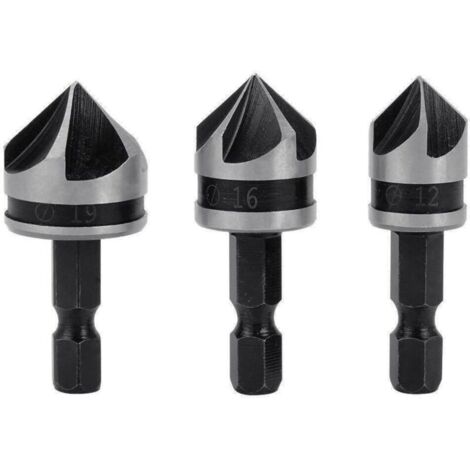 Stück 1/4"-Sechskant-HCS-Fasenbohrer mit 5 Schneiden zum Anfasen und Senken von Holz und Metall (12 mm/16 mm/19 mm). (1/4)
