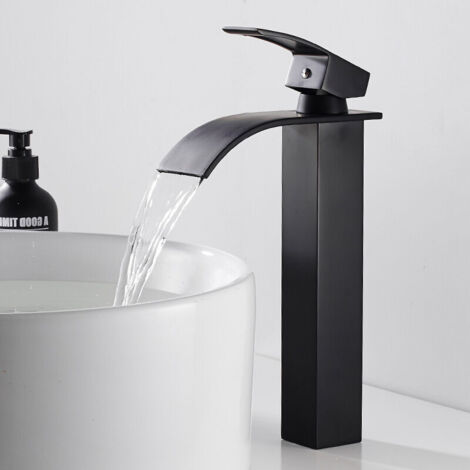 Rubinetto Miscelatore Bagno Cascata, Ottone, Rubinetti Lavabo Acqua Calda E Fredda, Beccuccio A Cascata Monocomando Monoforo Rubinetto Lavandino Bagno Alto, Nero Efficency