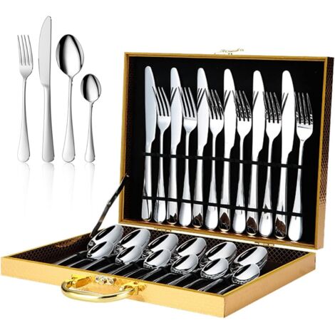 Set di posate, set di posate in acciaio inossidabile, set di posate da 24 pezzi per 6 persone, lucidato a specchio, include coltello, forchetta, cucchiaio, cucchiaino, lavabile in lavastoviglie