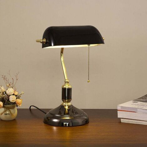 Lampada da tavolo in vetro stile banchiere, classica europea, con base in bronzo, lampada da tavolo in vetro vintage con interruttore a catena (nero + bianco), AAFGVC