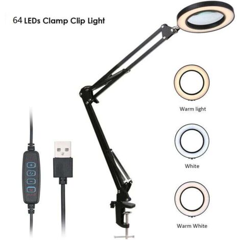 Lente d'ingrandimento con clip LED Ingrandimento 5x Luminosità regolabile Dimmerabile 3 colori Temperatura variabile Lampada da scrivania Alimentata tramite USB con supporto flessibile